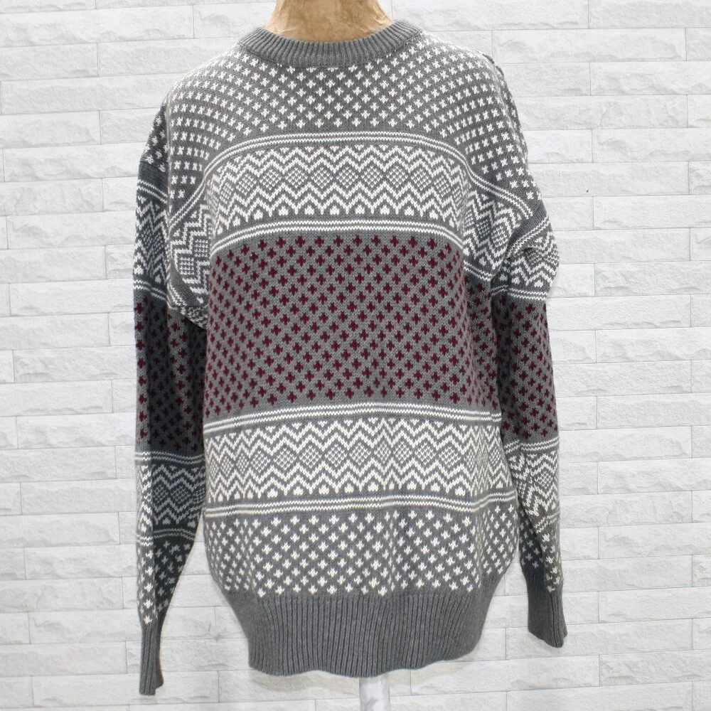 CLAIBORNE Sweater Knit Crewneck Fair Isle Thick Chunky Striped Grey Red Men's M
